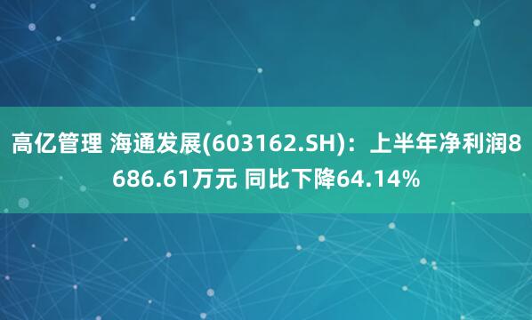 高亿管理 海通发展(603162.SH)：上半年净利润8686.61万元 同比下降64.14%